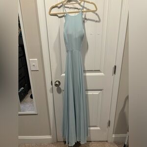 Dessy Group, full length bridesmaids dress, morning sky